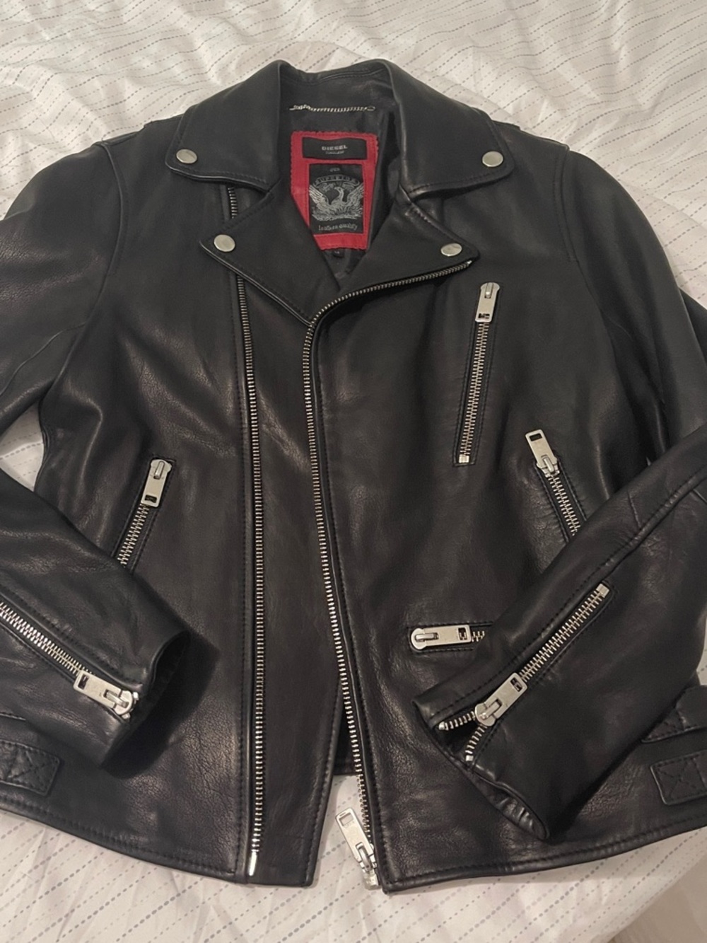 Diesel Black Leather Biker Jacket with Silver Hardware